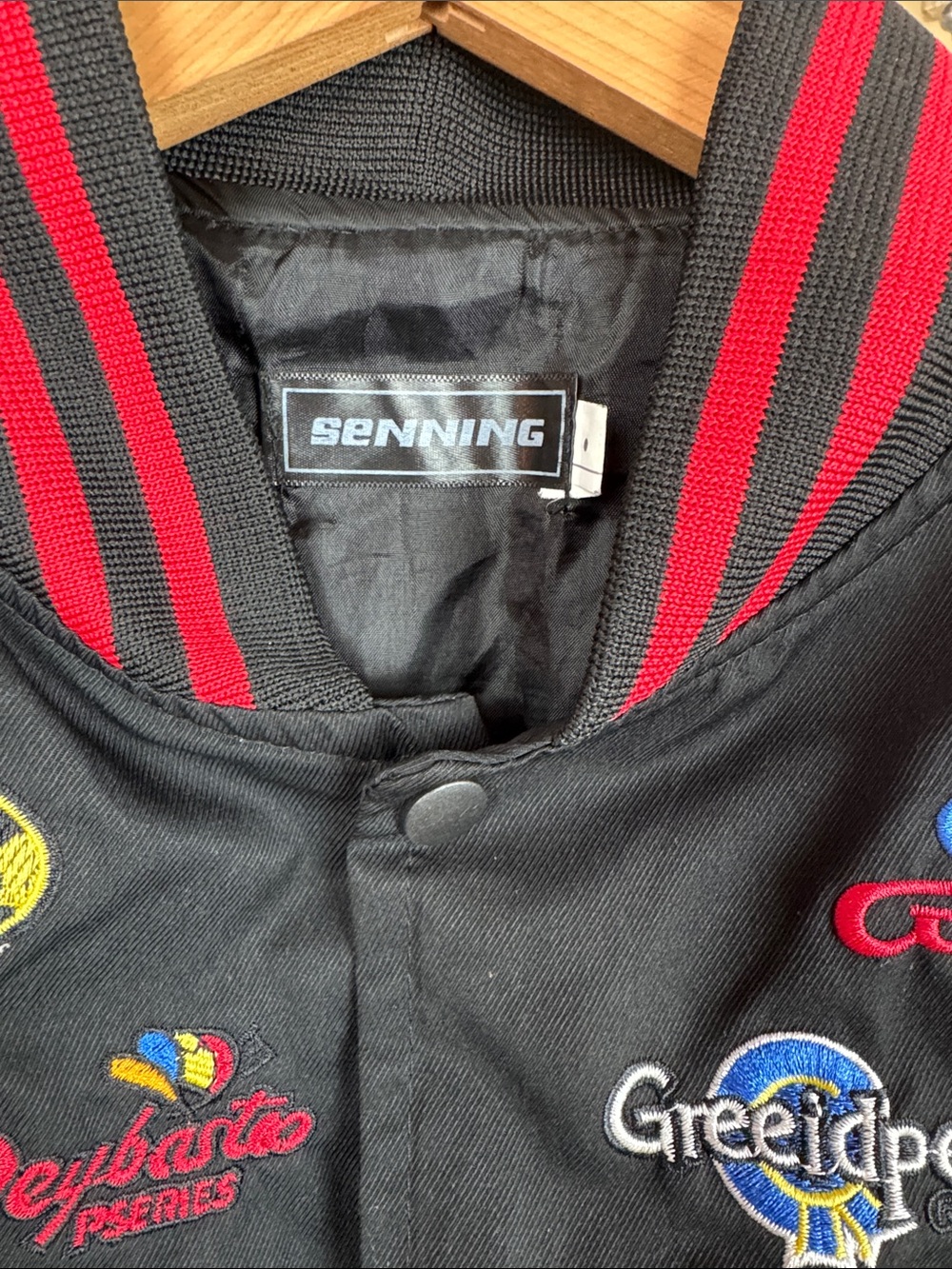 M&M's Black Racing Patch Bomber Jacket with Multicolor Patches - Picture 2 of 12
